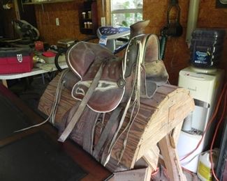Vintage Horse Saddle with Wooden Stand