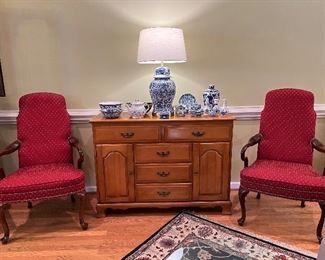 Blue & white, upholstered chairs, maple sideboard 