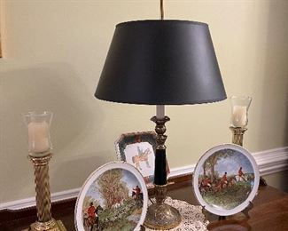 Stiffel Lamp, Baldwin brass candle holders, Hunt Scene plates 