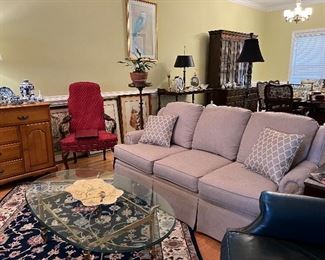 Neutral sofa, brass & glass coffee table 
