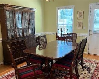 Ethan Allen dining set, China cabinet, hand knotted rugs
