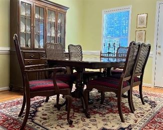 Ethan Allen dining set, China cabinet, hand knotted rugs