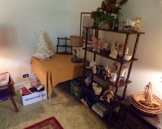 bookcase, what nots, ceramic Christmas tree