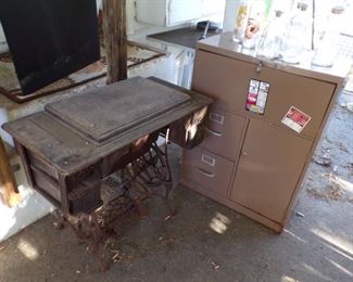 old treadle sewing machine, metal file cabinet