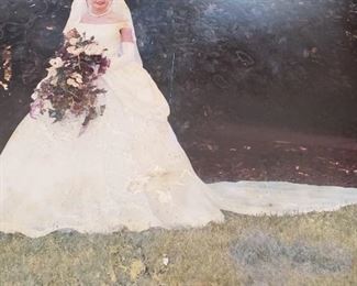 Bridal gown and veil custom made, satin, chiffon, pearls, beading, size 4.