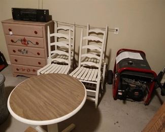 25" round wooden table, ladder back chairs