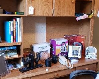 desk with bookcase, storage, electronics