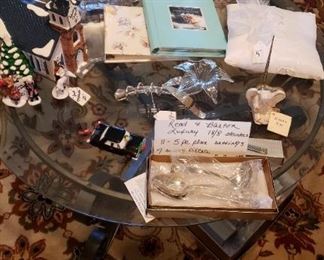 Round glass top occasional table, wedding memorabilia