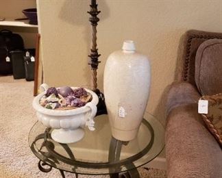 glass top occasional table, lamp, decor