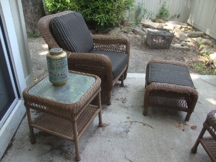 Wicker chair with footstool, wicker  table