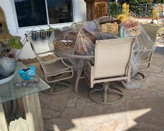 Mallin patio furniture table and 4 chairs.   baskets multiple styles and sizes.  vintage cabinet 