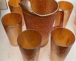 Vintage Marigold Tree Bark Pitcher and Glass Set