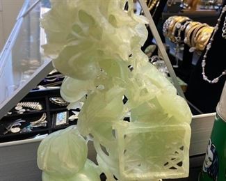 Large vintage carved jade figurine. (Note: the piece has separated from its original wood base.)