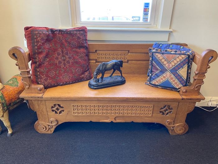 Gorgeous, solid oak Arts & Crafts snake motif storage bench.