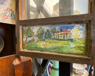 Detail of clock's reverse painting of Mt. Vernon.