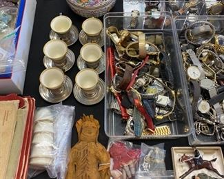 Sterling demitasse cups with Lenox inserts, Herend porcelain potpourri and vintage dolls.