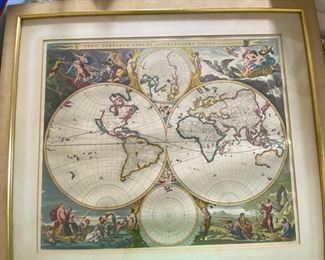 Framed antique Nicolaes Visscher & Nicolaes Berchem world map.
