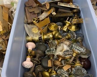 Big box o'vintage door knobs (glass, brass & metal) and door locks.