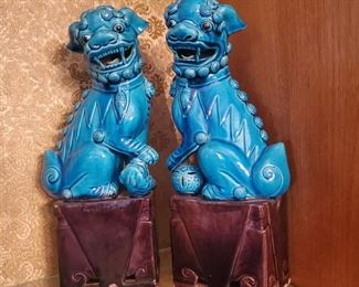 Vintage Chinese Turquoise Blue Porcelain Pair FOO DOGS Figurines
