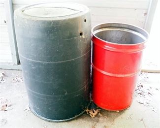 Polyvinyl Barrels, Qty 2, One Used As A Rain Barrel And Steel 55 Gallon Drum Barrel