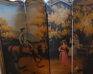 Impressive four panel hand painted folding screen. Colonial or Early American scene with rider on horse courting a woman.  In the manner of the 18th, early 19th century, created mid 20th century. Very good original condition. Freestanding position is sturdy. Measures 76 inches wide, 72.75 inches tall.