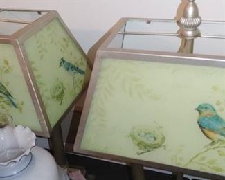 Pair panel glass blue bird lamps