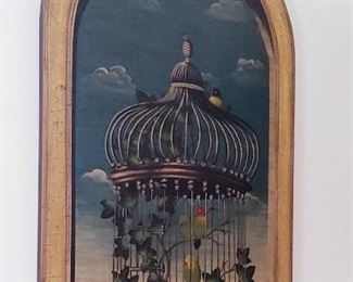 Large painting on wood French themed birdcage & birde