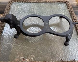 Cast iron dachshund food bowl holder