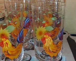 Vintage Farmhouse Kitchen Hand Painted Rooster and Sunflower Stemmed Glasses - Set of 8 rare by artist Laurie Gates