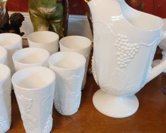 Westmoreland milk glass pitcher and eight glasses