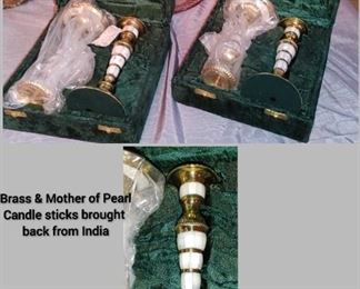 Brass And mother Of Pearl Set Of 2 Candle Holders In Original Padded Box