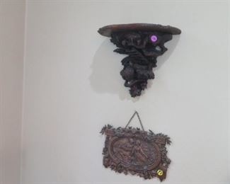 HAND CARVED WALL SHELF AND PLAQUE