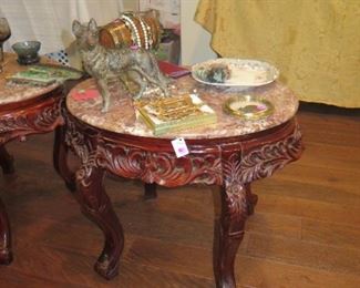 1 OF 2 MARBLE TOP CARVED TABLES