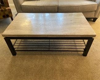 #3 $390. Bernhardt Furniture coffee table and end table sold together.  Coffee table is 50"l x 28"d x 18"h. Stone top on an iron base with lower shelf.  Matching side table sold in next photo.