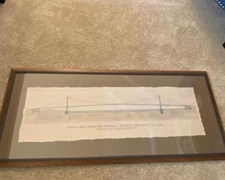 #6. $140. Framed architectural rendering of the Verrazano Bridge. 41"w x 18"h