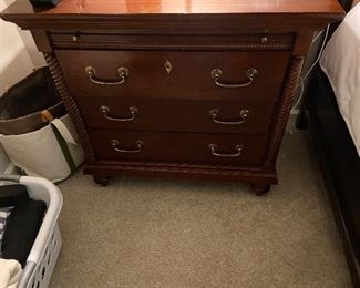#18. $340 One of a pair of Bassett bedside tables with pullout tray and three drawers.  Lovely detailing.  33"w x 19"d x 32"h