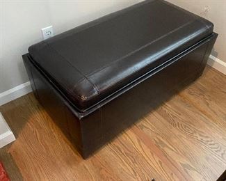 #25. $130. Leather lidded bench or table.  Top flips over to become a tray.  22"w x 41"l x 18"h
