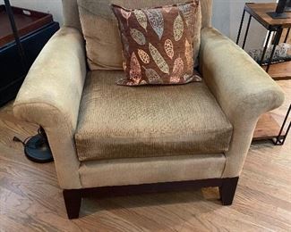 #22 $260 Comfy armchair is 33"d x 39"w x 36"h.  Fabric is in great condition, a neutral color - light reflecting makes it loos splotchy but it is not!
