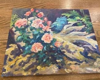 #66. $240. "Tree Trunk with Roses". 16 x 20 by K. Robinson, California Plein Air artist.