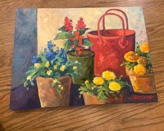 #77 $180 "Flowers with Red Bag". 12 x 16 by K. Robinson, California Plein Air artist.