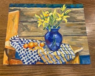 #82 $150 "Still Life with Yellow Lillies". 11 x 14 by K. Robinson, California Plein Air artist.