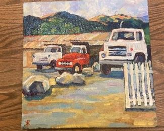 #88 $150 "Moraga Ranch Trucks". 12 x 12 by K. Robinson, California Plein Air artist.