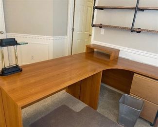 #11 $90 Two-piece desk .  Chair sold separately. Rectangular section is 47"w x 30"d x 29"h.  Curved section is 59"w x 18"d x 30"h.  Both free standing.