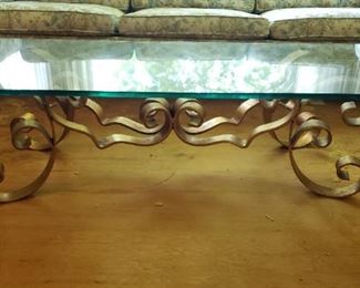 Vintage Hollywood Regency Glass Scrolling Brass Coffee Table (HEAVY)