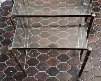Vintage Hollywood Regency Glass Bamboo Brass Nesting Tables 