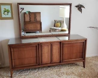Vintage Century Walnut and Cane Dresser with Mirror (Features Marble Top) 

