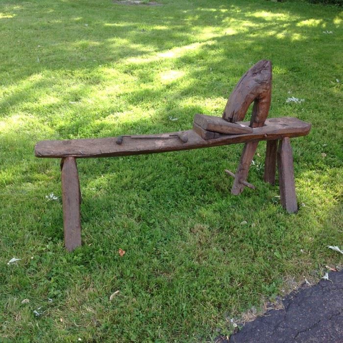 1800's primitive spoke shave bench with draw knife, museum quality