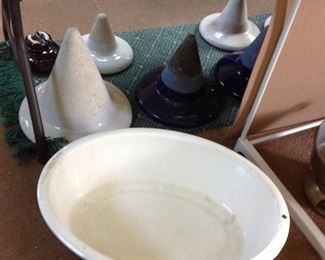 Porcelain oval wash basin, witch's hat insulators, white and cobalt blue plus more 