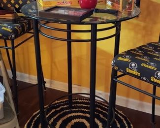 Metal and glass Steelers pub table and chairs