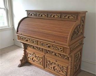 Vintage Oriental Elm Roll Top Desk